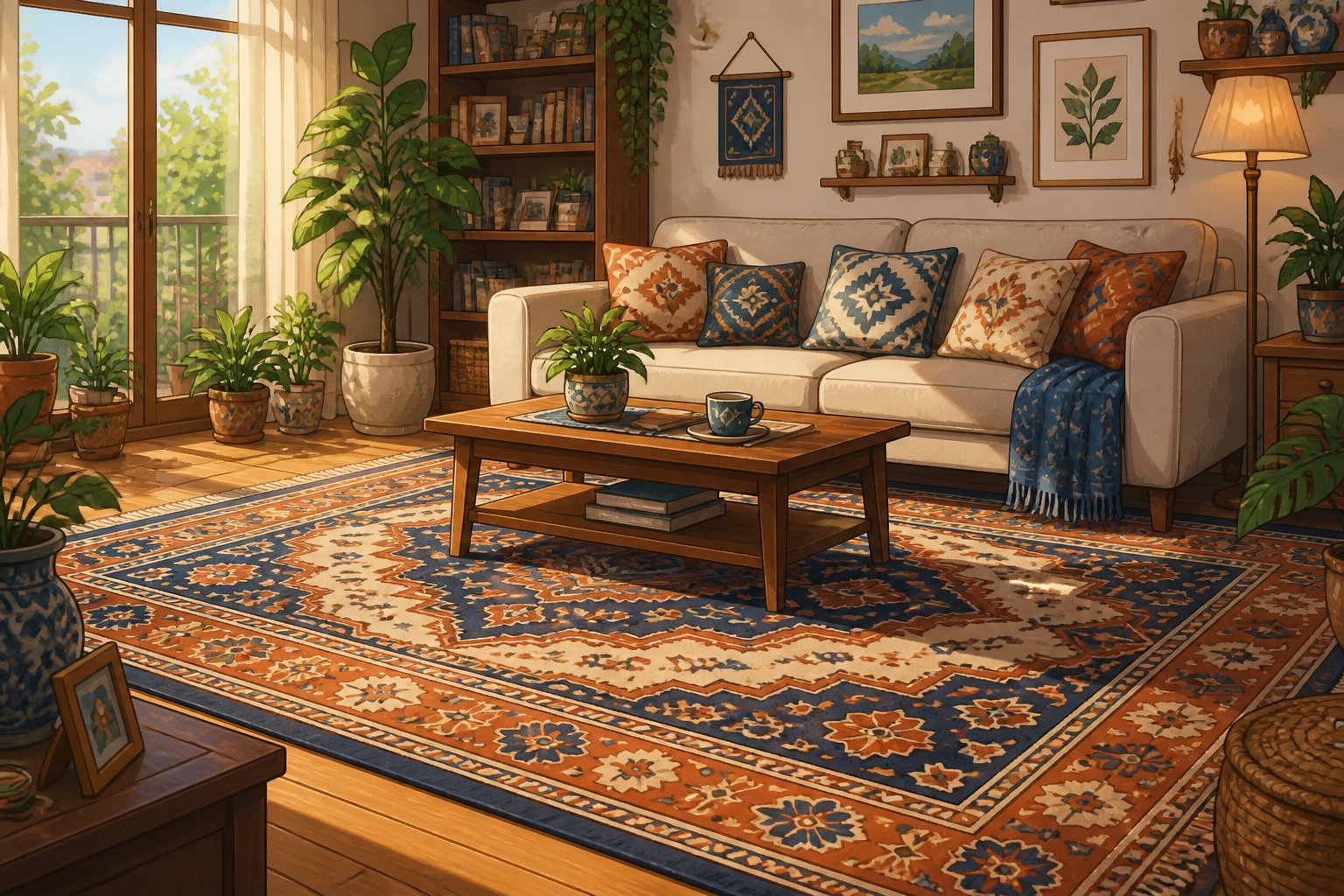Une pièce de vie accueillante avec un grand tapis décoratif, un canapé avec des coussins assortis, des plantes et des objets décoratifs, baignée de lumière naturelle.